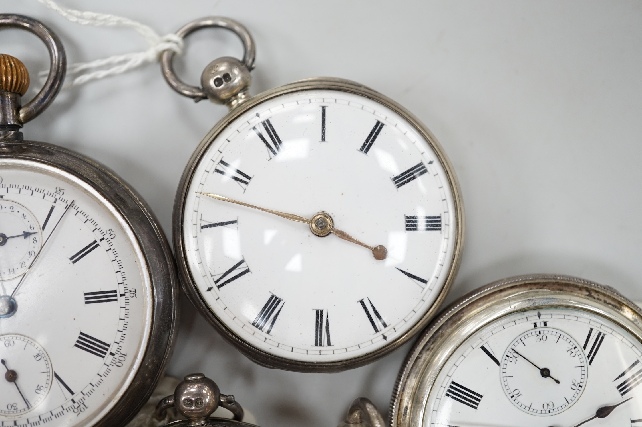 Ten assorted silver or white metal pocket watches including Sir John Bennett and Acme Lever.